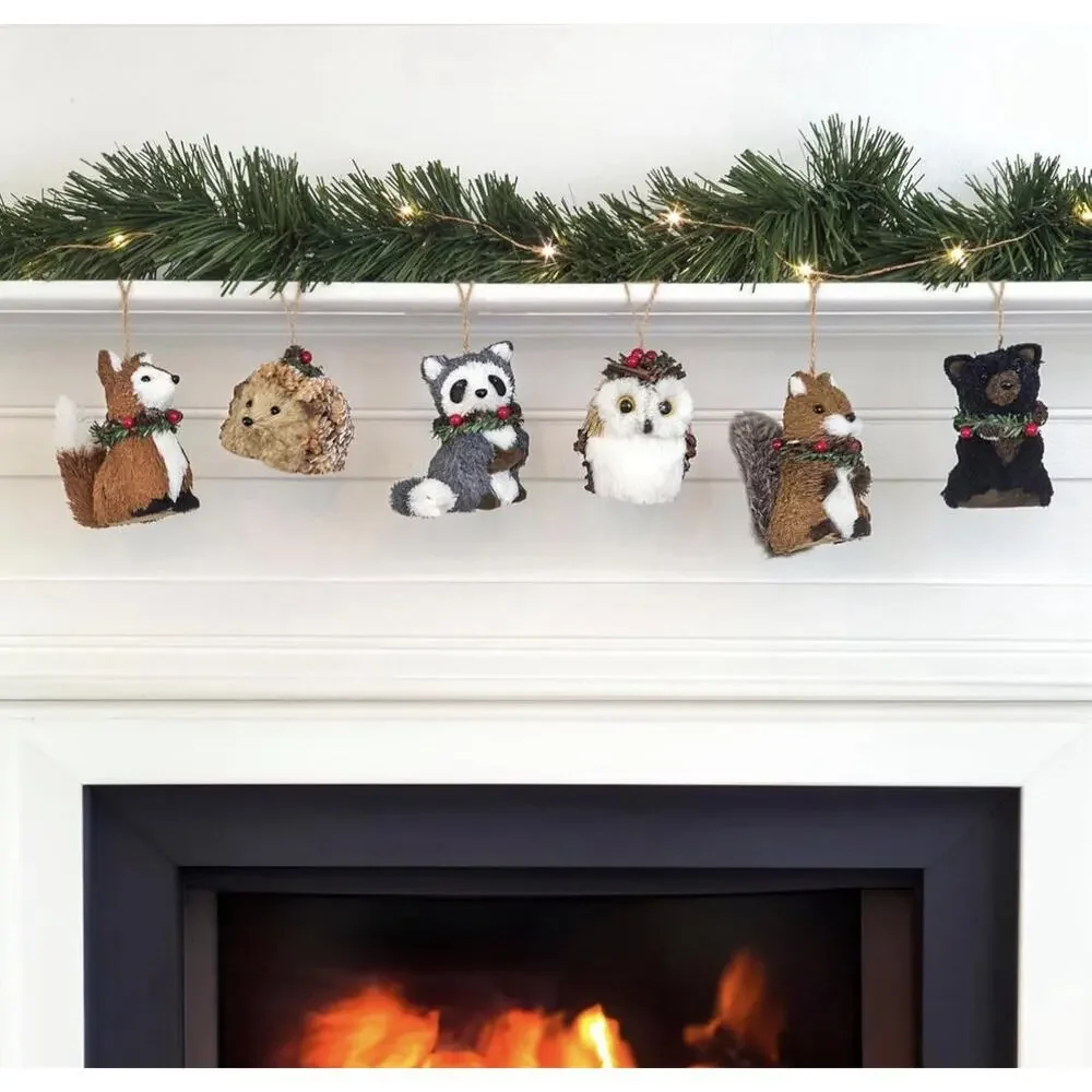 Sisal Woodland Animals Christmas Ornaments Set of 6 Rustic Forest Decor